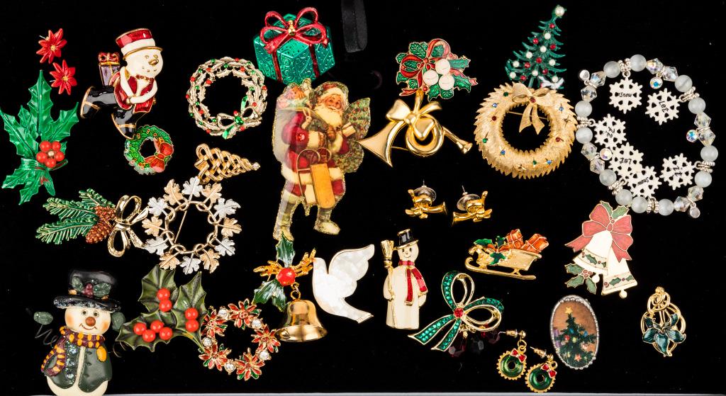 Christmas Holiday Jewelry: Christmas holiday jewelry includes 28 pieces. There are 24 pins, one bracelet and 3 pierced earring pairs.