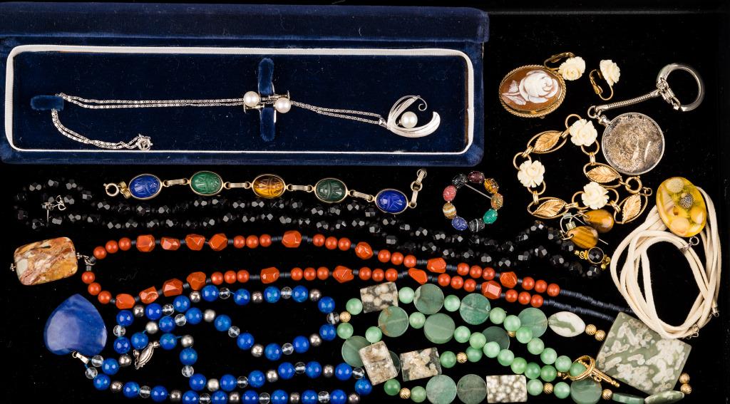 12K GF & Sterling Silver Jewelry: Four 12K GF pieces, a Mitsukoshi pearl and silver necklace and earring set, two stone necklaces with 925 clasps and a 1964 silver half dollar keychain.