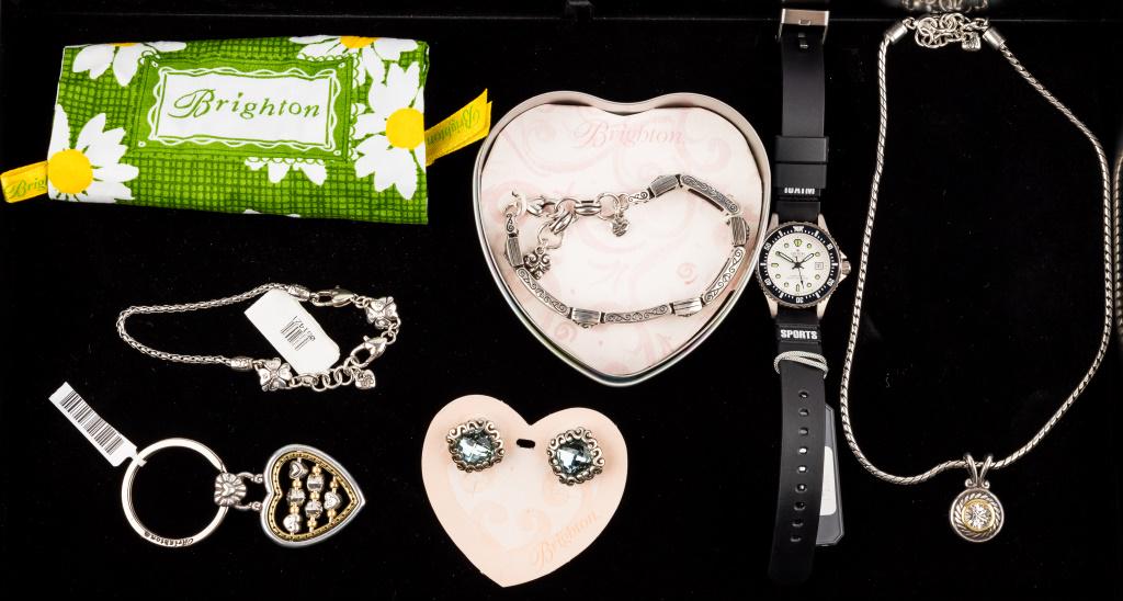 Brighton Jewelry & Croton Ladies Sports Watch: There are 5 pieces of Brighton jewelry including 2 bracelets, necklace, pierced earrings and keychain. There is one Croton ladies sports watch.