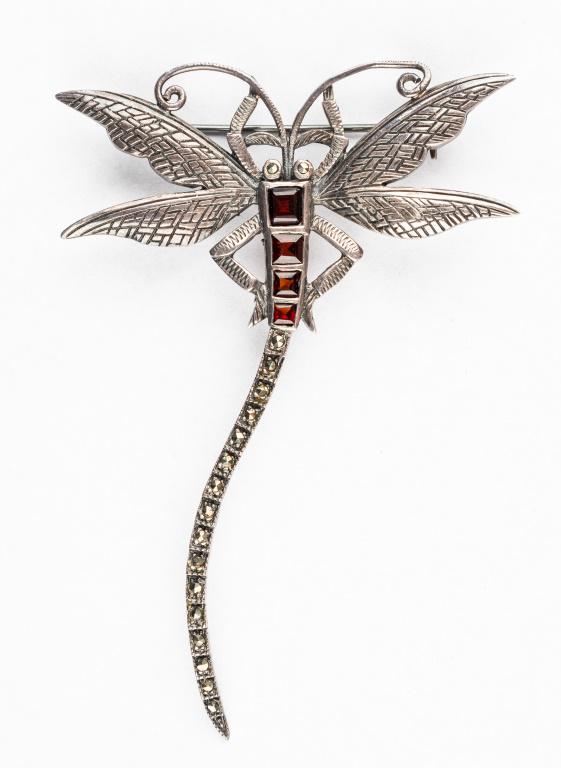 Sterling Estate Dragonfly Brooch: Large sterling silver marcasite winged dragonfly brooch set with four square garnets.
