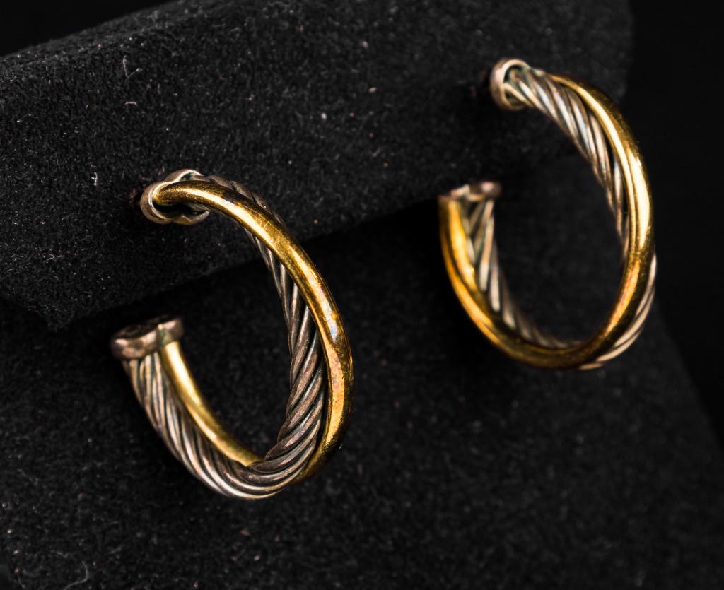 David Yurman 18K and Sterling Silver Earrings: Medium "David Yurman" sterling silver cable and solid 18 karat gold hoop earrings with 18k posts. Marked DY .750 .925.