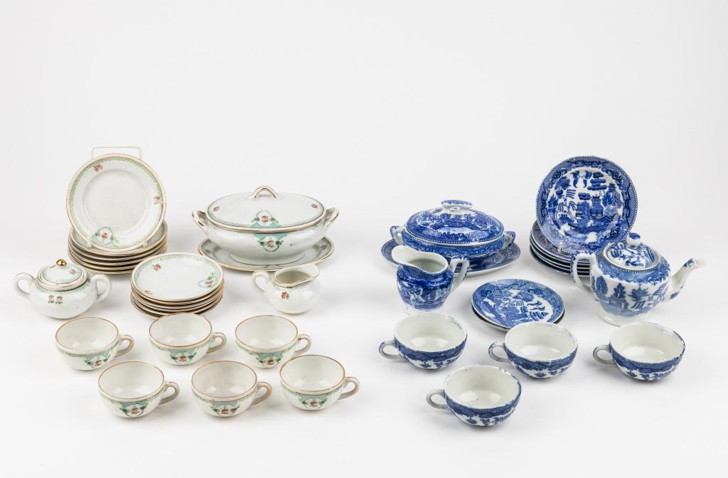 Blue Willow Style & Bavarian Style Child Tea Sets: 2 Partial sets including Blue Willow styled partial set with 4 cups, 2 saucers, 6 small plates, 1 covered tureen approx 5.5"L, 1 teapot approx 4"H, 1 creamer and 1 oval platter approx 6"L, and Bavaria