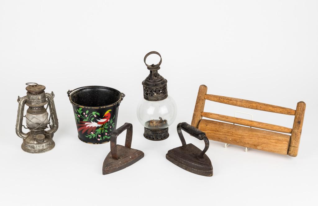 Antique & Vintage Lamps, Toleware, Irons & Roller: 2 Lamps including small kerosone lamp with winged wheel mark, and globe style lamp approx 10.5"H (inner glass holder has loss), Toleware bucket (has loss to paint as seen in photo), 2 cast iron irons 