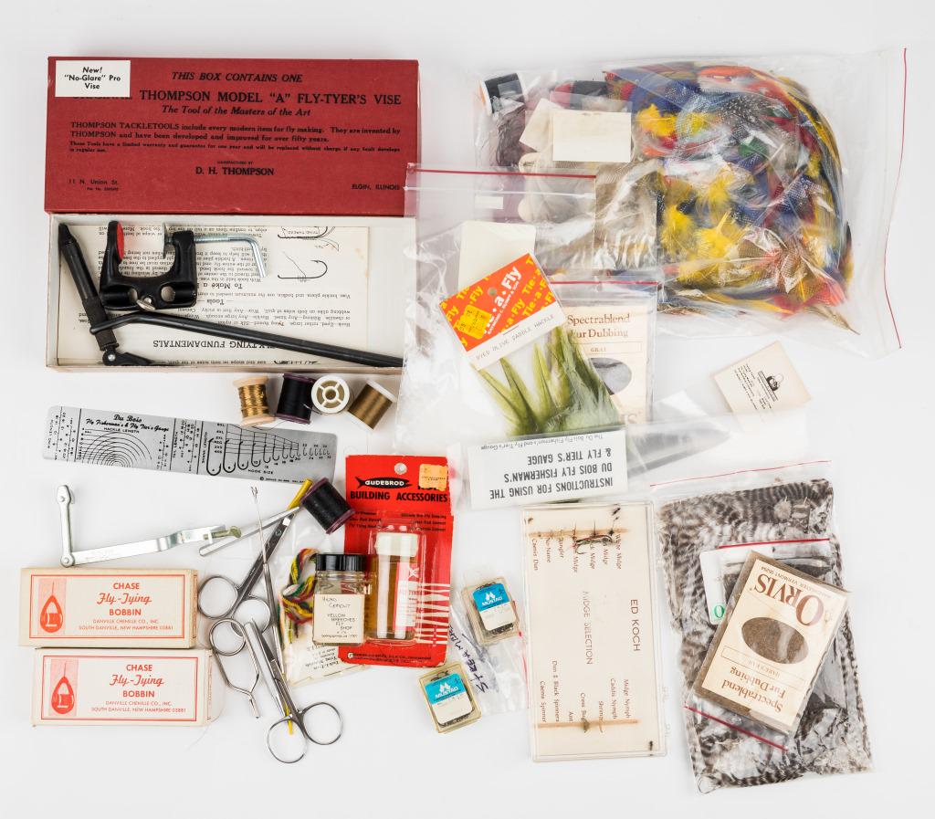 Vintage Fly Fishing Tying Tools & Materials: Various fly fishing lure ties and materials including feathers, thread, chenille, wire, ribbons, clips and tools, 2 Chase brand fly tying bobbins in original boxes, head cement, Mustad hooks, Du Bois 