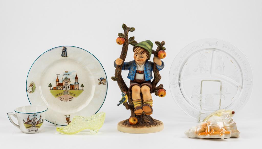 Hummel, Vitreous Porcelain, Vaseline & Other Glass: Goebel Hummel figurine 'Apple Tree Boy' approx 10.5"H, Vitreous porcelain childrens plate with matching cup (crazying throughout), 'See Saw Margery Daw' children's glass plate with separators, Czechos