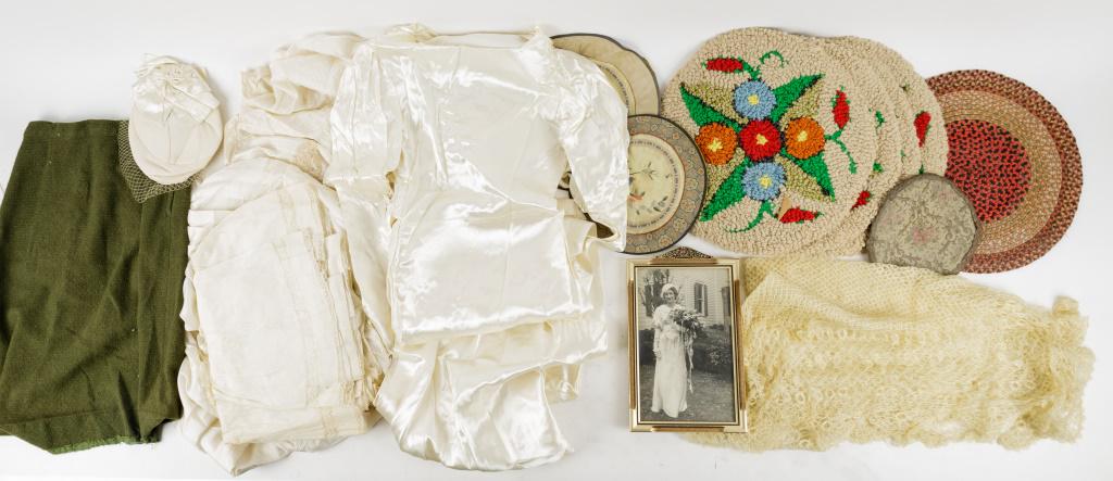 Vintage Wedding Dress, Skirts & More: Vintage wedding dress with floral accents, gloves, and hat with picture of bride in possibly the same dress, white blouse with lace and skirt parts, green Friedmont skirt, hook rugs, rag braid and Wes