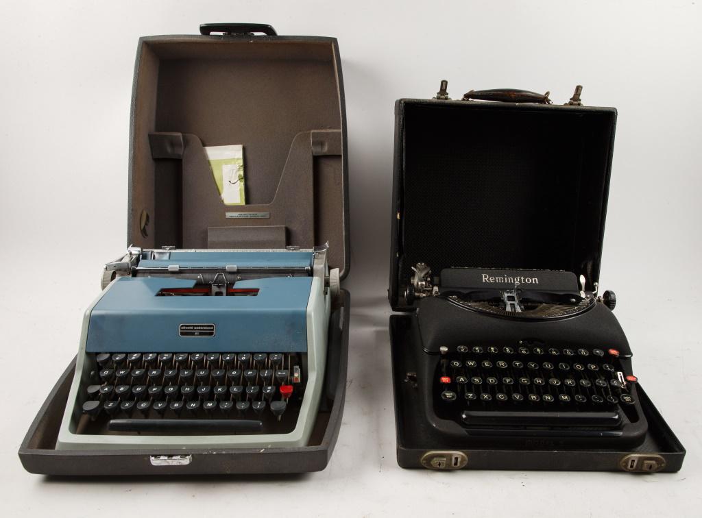 Vintage Portable Typewriters (2): 2 Vintage portable typewrites with cases, including Remington Model 5 typewriter, appears to be functioning, and Olivetti Underwood 21 typewriter in blue, with case and original instructions, bar does