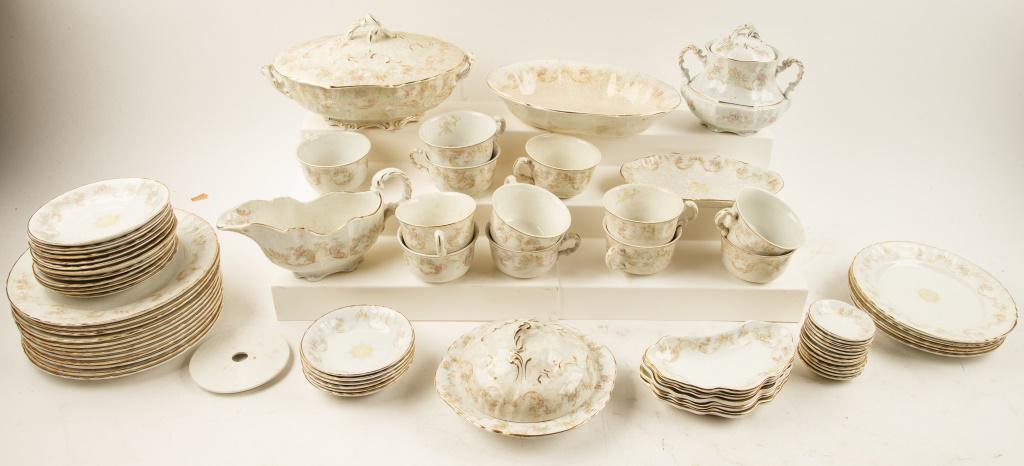 Royal Semi-Porcelain Partial Set: Royal Semi-Porcelain A.J. Wilkinson partial set in Balmoral pattern including 12 dinner plates approx 9" diam, 5 salad plates approx 8" diam, 12 cups, 12 saucers, 6 berry bowls, 12 butter pats, gravy 