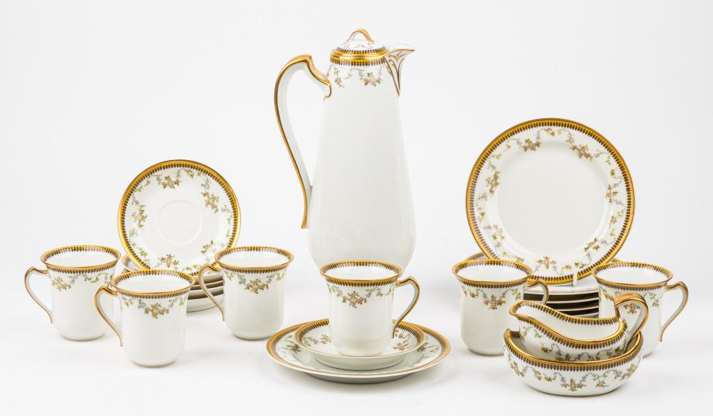 Vintage Haviland Limoges French Demitasse Set: Vintage Haviland & Co. Limoges French Demitasse set in 'The Valmont' pattern, including 1 pot approx 9.25"H, 6 cups, 6 saucers, 6 snack plates, sugar, and creamer.