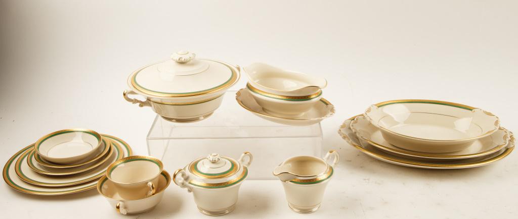 Wayne Syracuse China 'Old Ivory' Dish Set: Wayne Syracuse China 'Old Ivory' pattern in green 8 person dish set includes 1 oval platter approx 12"L, 1 oval platter approx 14"L, 1 oval bowl, 1 round tureen, gravy boat, creamer and sugar set, 8 b