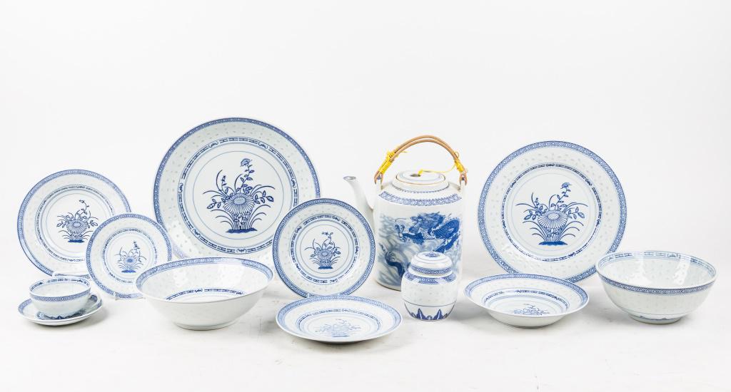 Vintage Tienshan Fine China Partial Dish Set: *Photos are partial representations of this large lot* Vintage Tienshan Fine China partial dish set in 'Rice Flower' pattern, including 9 cups, 12 saucers, 13 dinner plates approx 10.5" diam, 8 soup b