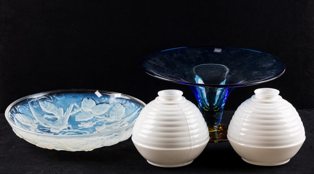 Sabino, Blenko Glassware, Vintage Light Shades: Mid Century Modern glassware including Blenko two color centerpiece bowl and Sabino art glass charger with birds and berries, both approx 14" diam, and 2 milk glass light shades approx 6.5"H.