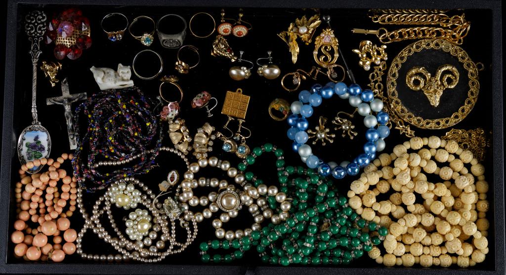 Vintage Costume Jewelry: Vintage costume jewelry including Barclay blue and gold tone screwback earrings, NRA ring, rams head gold tone and glass medallion, glass and faux pearl beads, and more.