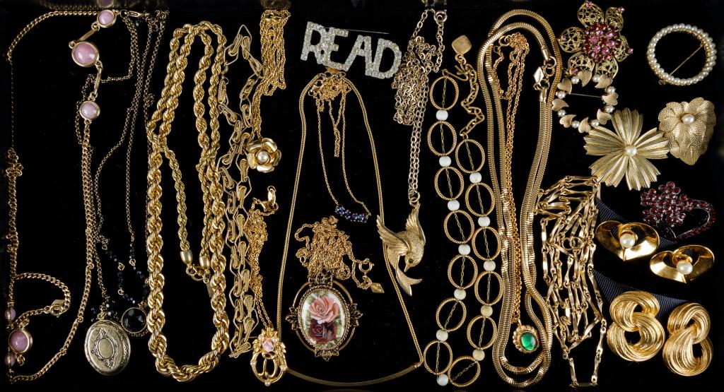 Vintage Sarah Coventry, Monet, & Austrian Jewelry: 22 Items featuring 6 Sarah Coventry pieces, multi strand Chico's statement necklace, a vintage pink and red pronged rhinestone pin made in Austria, Avon initialed necklace, and more.