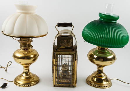 Vintage & Antique Lighting / Lamps: 2 Brass kerosene lamps, 'Made in USA' and 'Rayo', both electrified (untested) with satin white and green shades, both approx 20"H, and vintage brass Viking brand ships lantern approx 15"H.