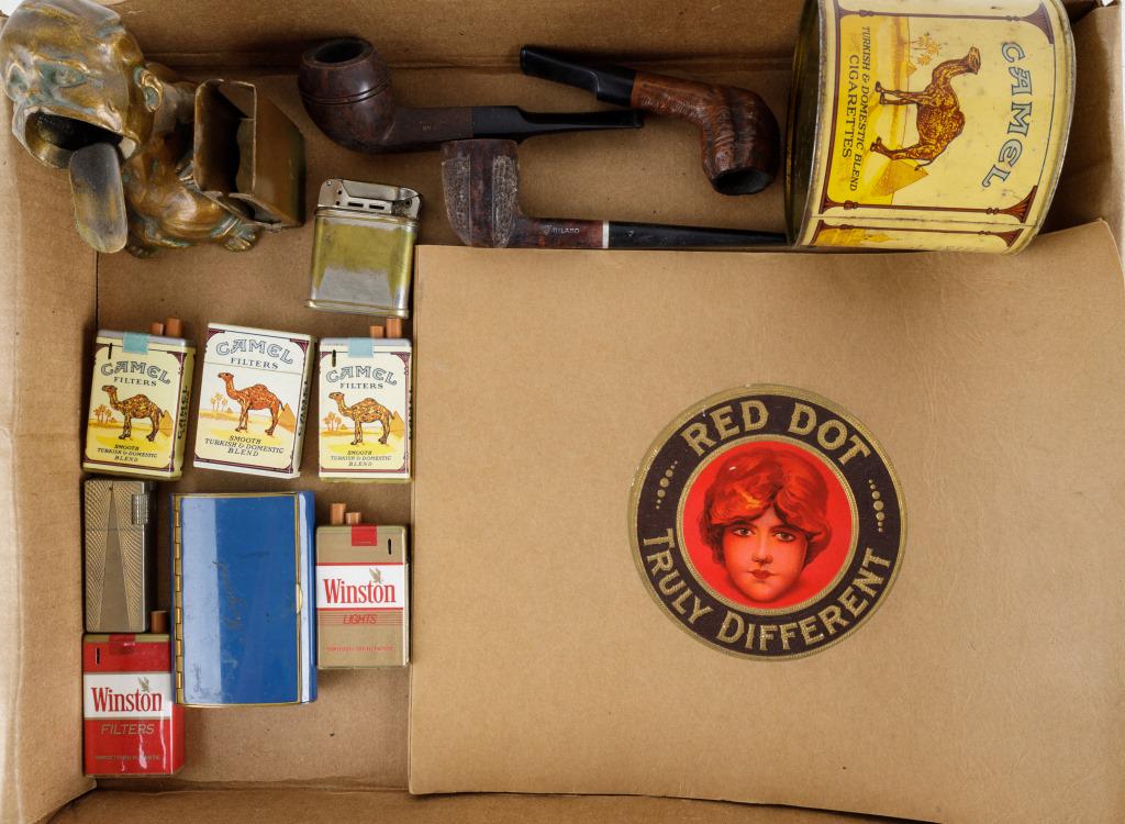 Vintage Tobacco & Smoking: Vintage tobacco and smoking items including 3 Camel cigarette pack and 2 Winston pack lighters, King and Beattie Jet metal lighters, Camel cigarette tin, Red Dot photo album of Red Dot vehicles, briar