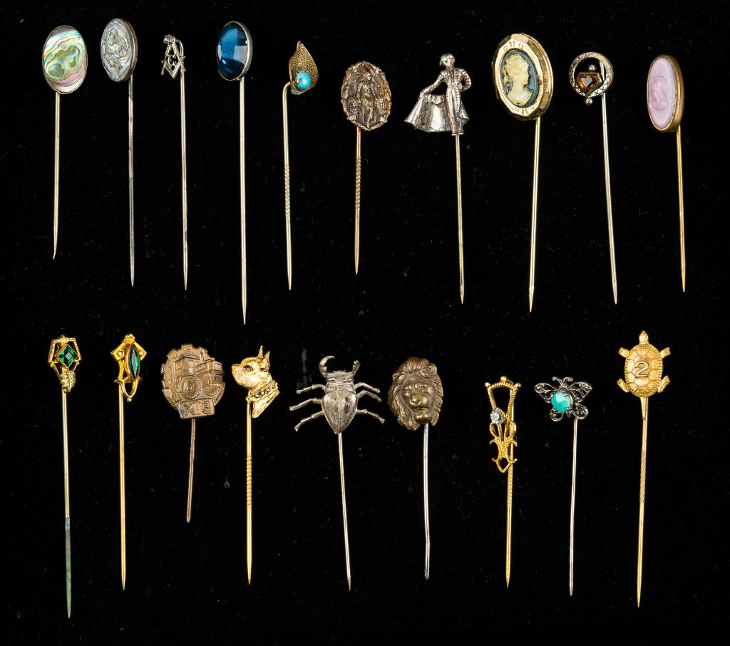 Vintage Figural & Other Stick Pins: Vintage figural stick pins including Boston Terrier, Matador, stag beetle, butterfly, lion head, Metal Arts Co. turtle, XT3 tractor, and Jamestown 1607-1907 pins, 2 abalone shell with 1 being marked s