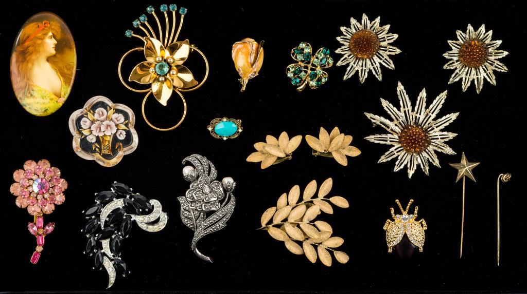 Sarah Coventry, Judy Lee & Other Jewelry: Sarah Coventry gold tone brooch with matching earrings and another brooch with black and clear rhinestone, Judy Lee pink rhinestone brooch, JC clover rhinestone pin, beetle pin, York PA souvenir for '