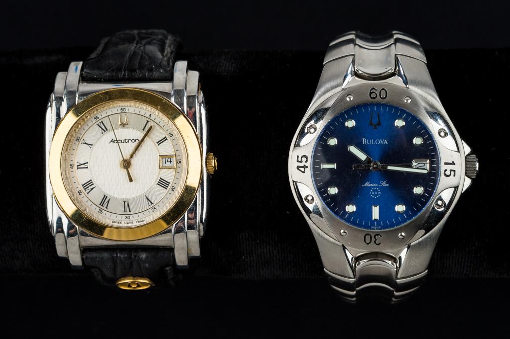 Vintage Bulova Watches (2): One is vintage circa 1980s Accutron swiss date watch and the other is a stainless steel Bulova with Japan movement / Hong Kong strap. As found.