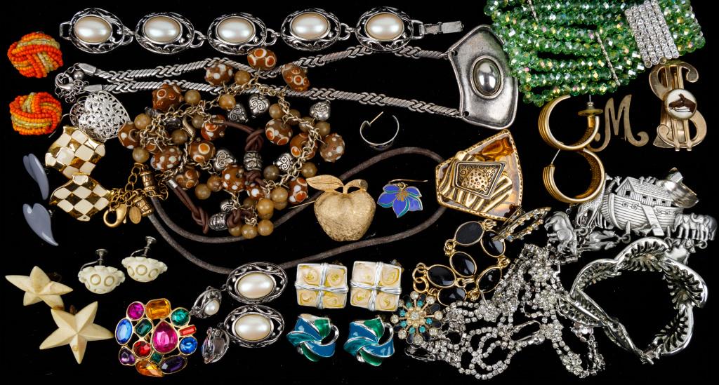 Vintage Jewelry Collection: Clip and carved earrings, glass bead and necklaces. Some rhinestones, bracelets, brooches and more.