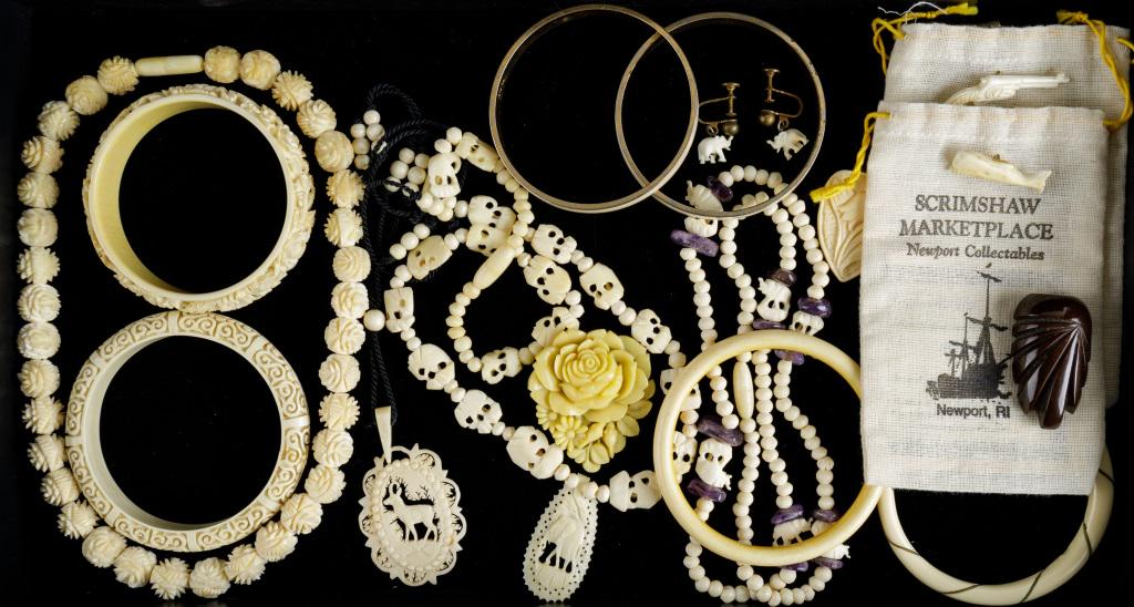 Faux Bone & Trifari Jewelry: Faux Bone dress clips, bracelets, necklaces, 2 Scrimshaw Marketplace tie tacks, and 2 Trifari bracelets copyright symbol through 1955.