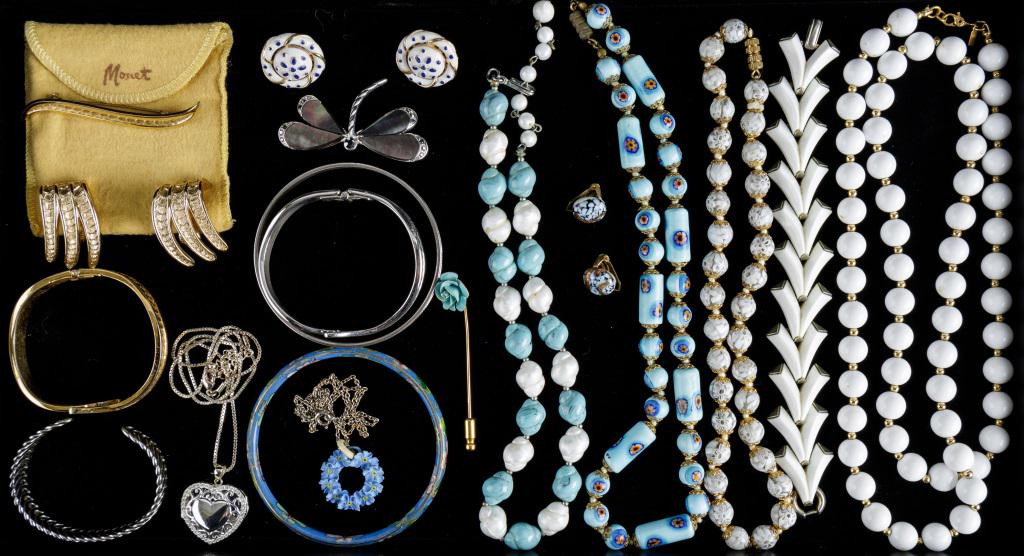 Trifari, Monet Costume Jewelry: Trifari faux pearl and turquoise necklace, blue, white and gold tone clip earrings (1955-1969), and gold tone and white bracelet, Monet pin, gold tone clip earrings, bracelets and white and gold tone 