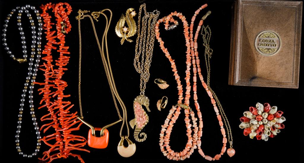 Coral Jewelry with Trifari Necklaces: Black coral cross with 10k gold filled necklace, red coral necklace and 2 Trifari fashion necklaces.