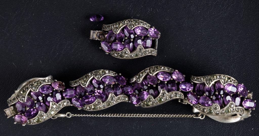 Vintage Trifari Bracelet with Marcasite & Glass: Vintage Trifari bracelet with marcasite, and purple cut glass, has safety clasp, circa 1950's-60s, with extra link and stones. One stone from the extra link is separated, but included.