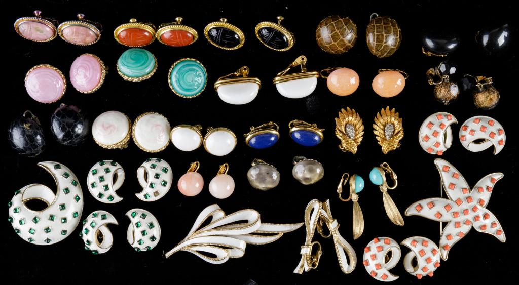 Vintage Trifari, Monet & Jewelry: White and gold circa 1955-65 Trifari pin with matching earrings, white and green set, white and coral set, faux turquoise drop lever back and other Trifari earrings, Monet earrings, Vogue earrings, an