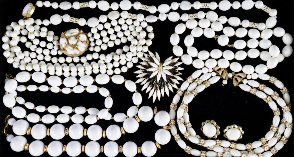 Trifari, Napier & Monet Jewelry: White and gold tone necklaces marked Trifari, Monet, Napier, Trifari clip earrings and pin.