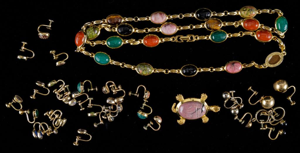 Gold Filled Earrings & Scarab Accent Extras: 16 Pairs of 1/20 12k gold filled screwback earrings with scarabs and faux colored cut stones, scarab necklace and turtle pin.