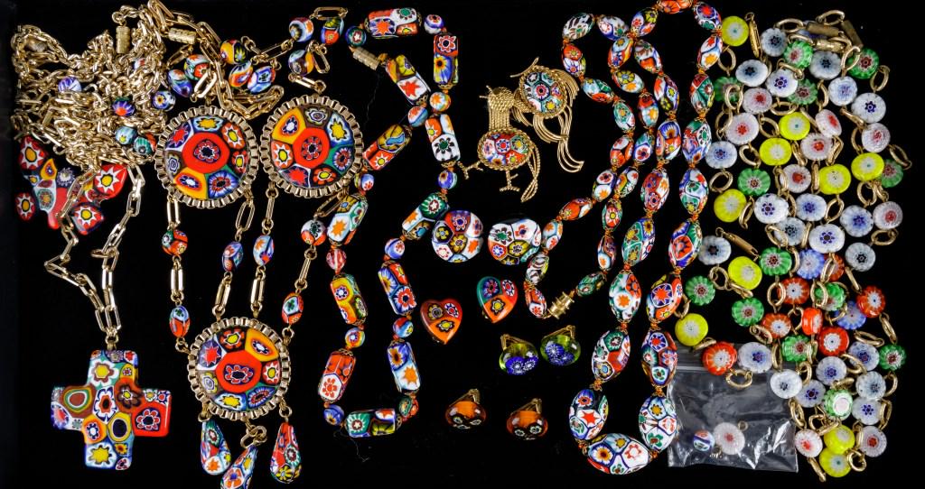 Millefiori Jewelry: Millefiori bead necklaces, pendant/medallion necklaces, fish pin, bird pin, clip earrings, bracelets, and extra pieces.