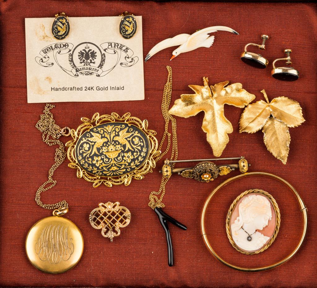 Black Coral, Damascene, Cameo Jewelry: Black coral pendant on a 1/20 12k gold filled necklace, matching Damascene pin and clip earrings, detailed cameo pin with cut diamond detail, antique monogrammed locket on 16" chain marked W & S.B., a