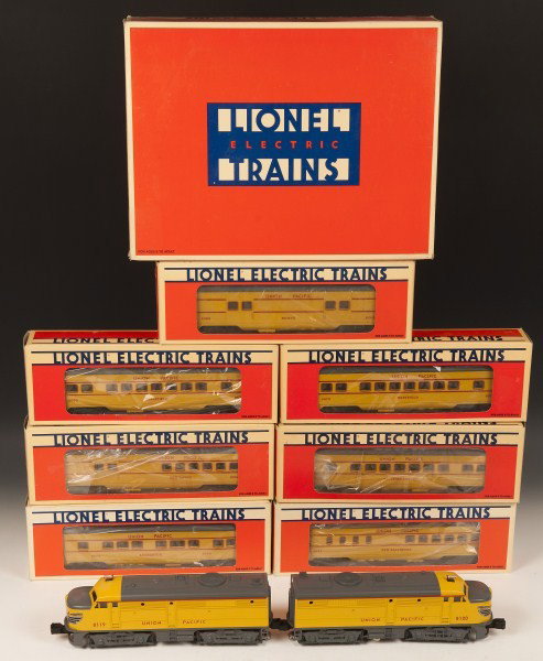 Lionel Union Pacific Engine and Cars: Lionel 18119 Union Pacific FA-2 ALCO AA Diesel Engine with 16071 "New Baltimore" Diner Car, 16068 "Romeo" Baggage Car, 16074 "Livingston" Observation Car, 16073 "Westfield" Passenger Car, 16089 "New H
