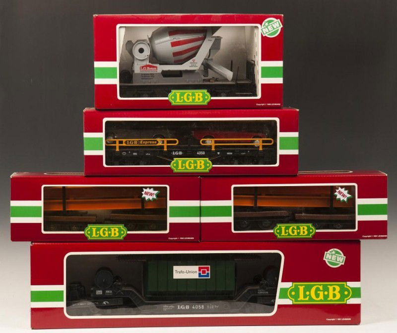 LGB Multi Multiple Car Lot: LGB 4050 Train Car, LGB 4050 Train Car, LGB 4055 Flat Car with Cement Mixer, LGB 4058 Large Transformer Flat, LGB #4059 Flat Car w/2 Automobiles/OB; boxed and 3 w/sleeves