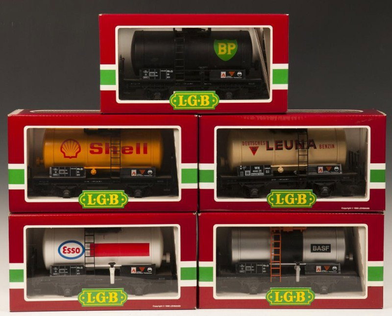 LGB Multi Multiple Car Lot: LGB 4040B BP Tanker Train, 4040E Esso Tank Car, 4040S Shell Tank Car, LGB 4040C BASF Silver & Black Tank Car, LGB 4040L Luena Tank Car; boxed and 3 w/sleeves