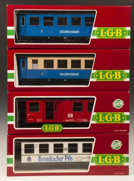 LGB Multi Multiple Car Lot: LGB 3163 Second Class Passenger Coach, LGB 3164 Second Class Regular Traffic Passenger Coach, LGB 3171, LGB 3172 Krombacher Pils Coach; all w/sleeves