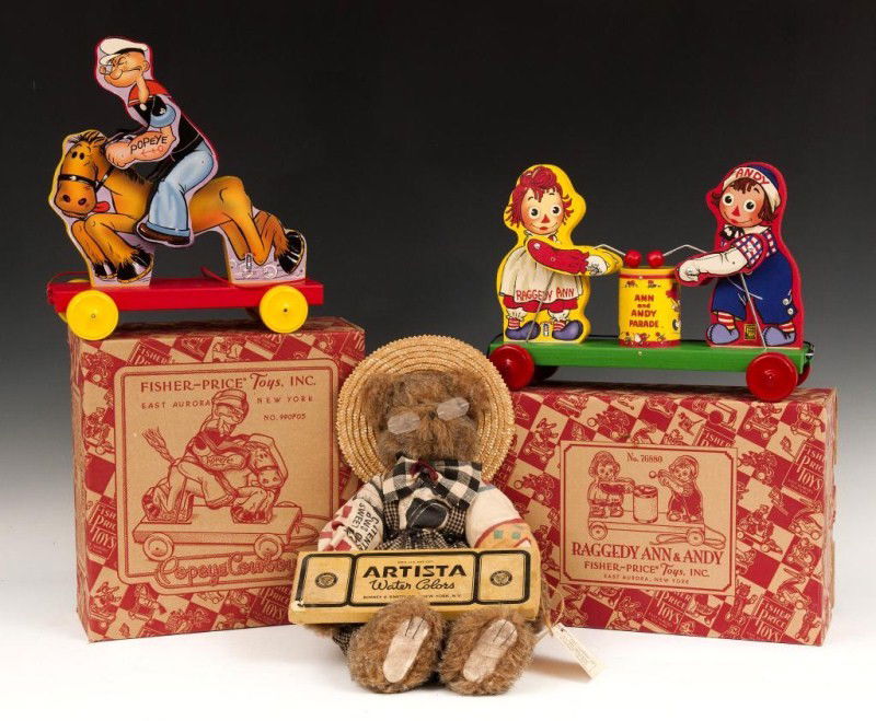 Fisher-Price Pull Toys and Stuffed Bear: Two reproduction Fisher-Price pull toys of Popeye and Raggedy Anne & Andy; also includes a stuffed bear with Artista water colors