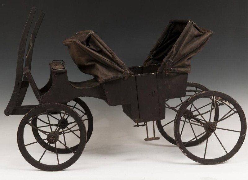 Vintage Scale Model Carriage: Handmade wooden scale model of an Amish carriage, detail all throughout, 30" l x 18" h x 13" w, (repair to footboard)