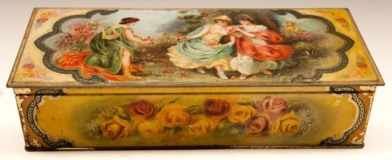Parker's Tea Tapestry Glove Box Tin: Parkers Gold Camel Tea "Tapestry Glove Box" Tin ca 1909, 10" h x 4 1/4" w x 2 1/2" w