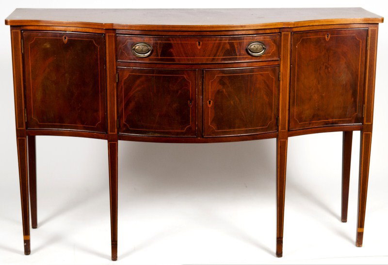 Potthast Hepplewhite Style Mahogany Serpentine-Fro: Potthast Hepplewhite style mahogany serpentine-front sideboard accented with superb crotch figured mahogany and decorated with over all line inlay 37"h x 56"w x 20d made by Potthast Bros., Baltimore, 