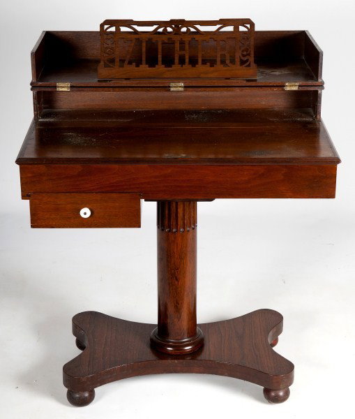 Zither Music Stand: American walnut Zither music stand with fold out compartment and sheet music rest 29"h x 27"w x 15"d