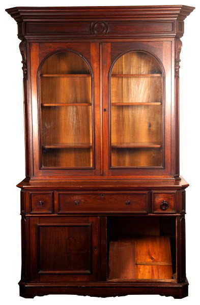 Walnut Secretary Bookcase 19th C: Walnut Secretary Bookcase, 3pcs, including a bold cornice over a two door bookcase, drop down desk with fitted maple interior, flanked by two drawers over two blind doors (one missing) 97" h x 58" w
