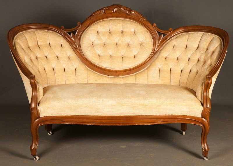 Victorian Walnut Settee: Victorian Walnut Settee with floral carving c 1870 38"h x 61"w x30"d