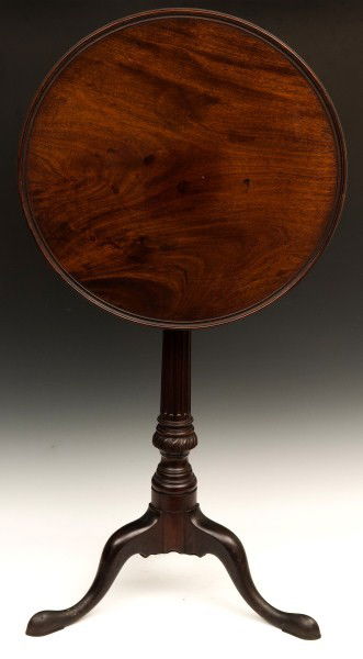 Exceptional Philadelphia, Queen Anne Tea Table c 1: Exceptional Philadelphia Queen Anne mahogany candle stand, c 1765, circular dish top over a fluted pillar, completely carved and flanged bulb, supported by cabriole legs and terminating in pad feet, o