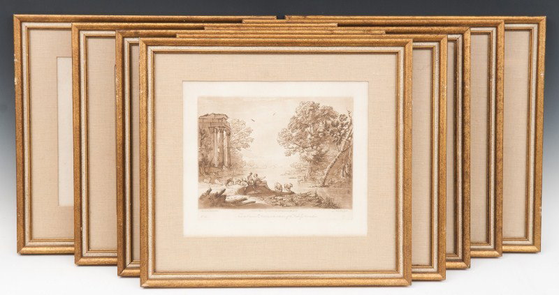 Eight 18th C Claude Lorrain Engravings Published b: Eight 18thC Claude Lorrain Engravings by published by John Boydell (British, 1719-1804), on laid paper, Framed sepia-toned etchings, Pastoral Landscapes and seascapes, collection of the Duke of Devons