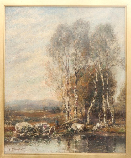 19th C Hudson River School Landscape, oil on board: 19th C Hudson River School Landscape, oil on board depicting a fisherman, signed LL, ID 11 5/8" 13 3/4"