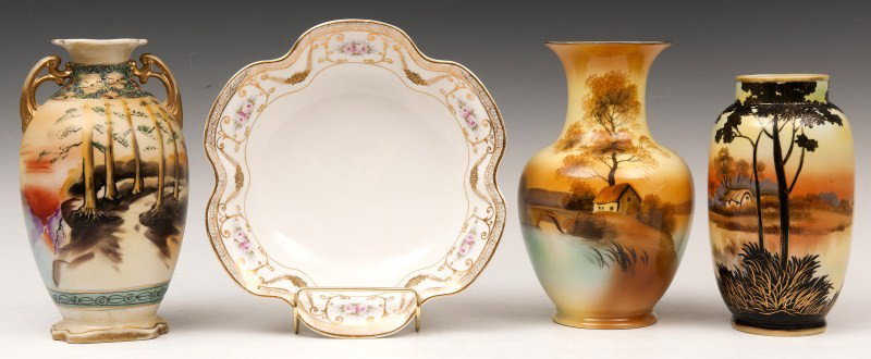 Noritake, Nippon: 3 Heavily decorated vases, one Noritake and two Nippon; largest standing 8 1/2"h and a 9"di Nippon bowl, all in good condition