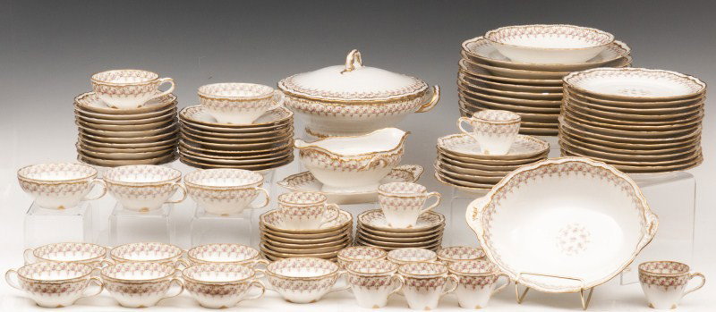 French Limoges Porcelain Service: French, Limoges porcelain dinner service including 11 dinner plates, 14 salad plates, 1 covered vegetable, 1 open vegetable, gravy boat, vegetable dish, 10 fruit plates, 10 fruit bowls, 9 saucers, fou