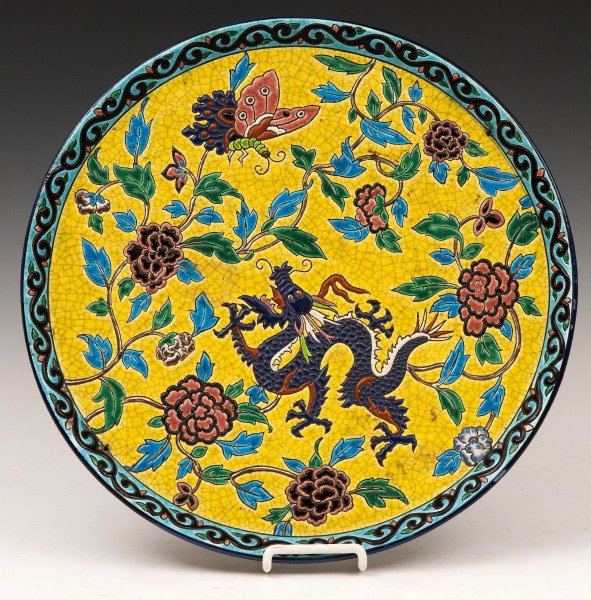 Longwy French Faience Ceramic Charger: Longwy French Faience ceramic charger / tray 13 3/4"di impressed "Longwy"